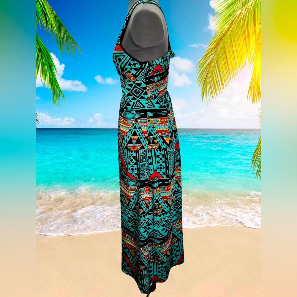 Angie V-Neck Tribal Print Smocked Back Versatile Strap Maxi Sundress Siz… - Picture 2 of 5